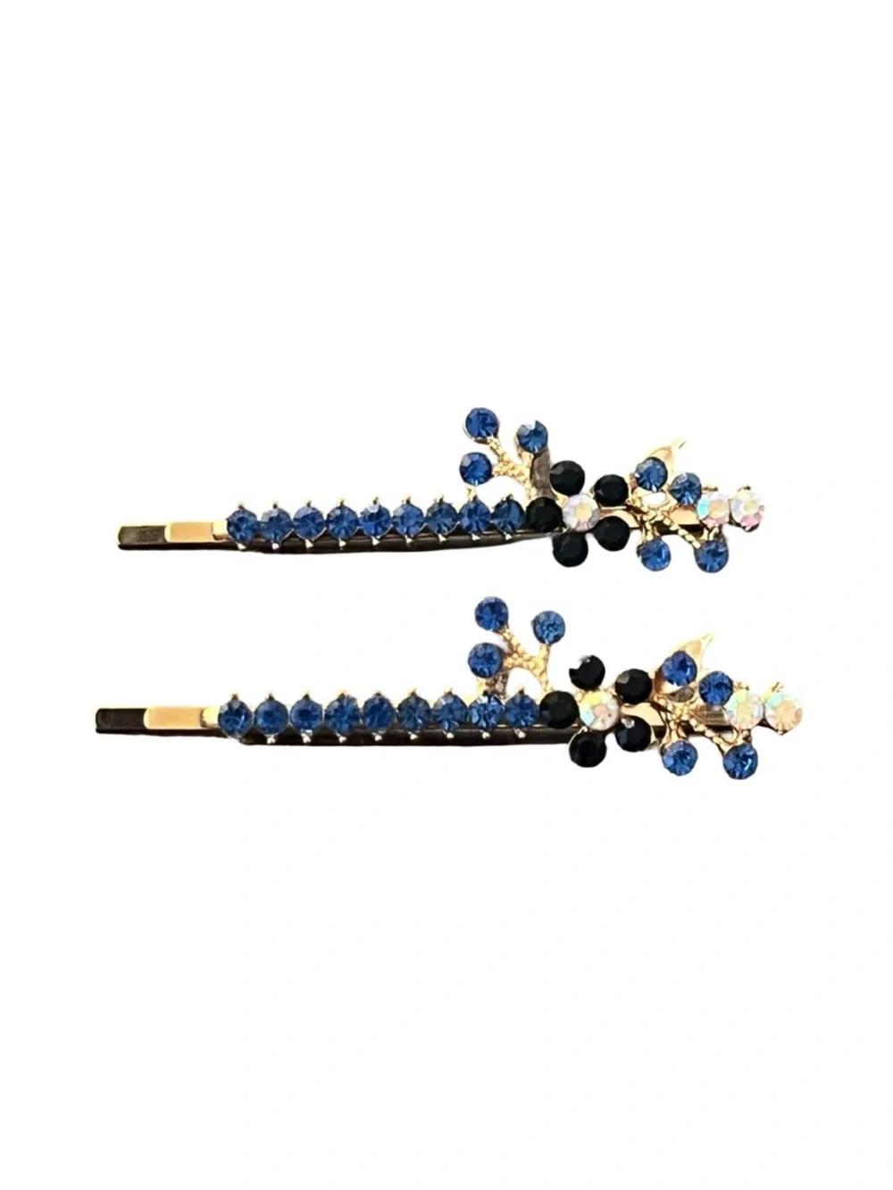 Elegant Gold Blue Crystal Rhinestones Floral Hair Clips 2.5”FINAL PRICE DROP
